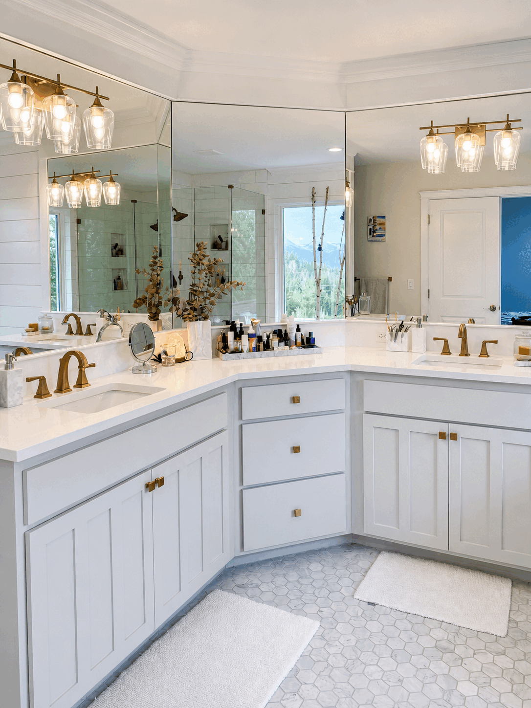 Luminous bathroom vanity with clean mirrors and counters