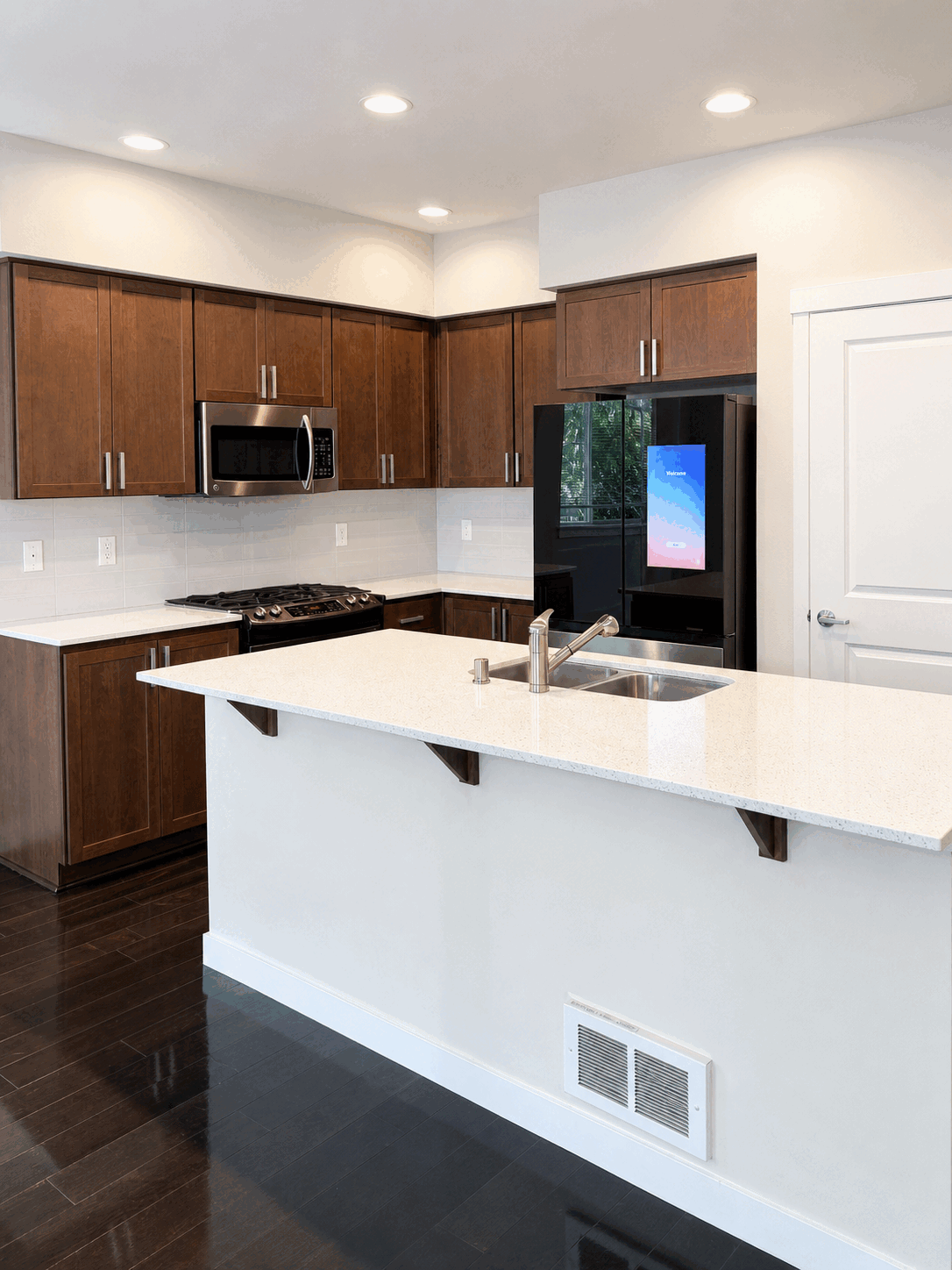 Clean modern kitchen with a bright polished island